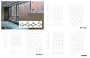 With this project I wanted to create a screen that would have adjustable apertures that would decrease in size in the summer and increase in size in the winter.  The main parametric drivers are the size of the triangles and their pitch.  However, I am continuing to work on having more control of the pitch of the triangles.   